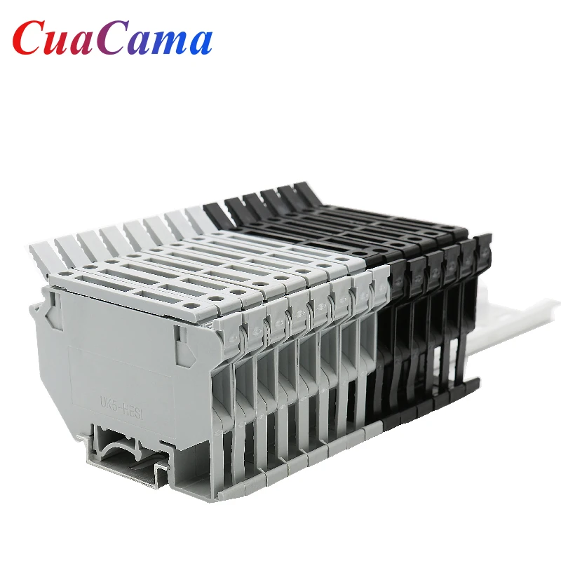 50Pcs UK5 HESI Din Rail Type Fuse Terminal Blocks 4mm Square Pure Copper Universal Screw Connector Gray Black Uk5-hesi