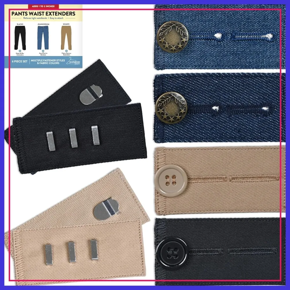

Adjustable Jeans Button Extender for Pants - 6 Pack, Black Metal Hook, Waistband Expander for Men and Women