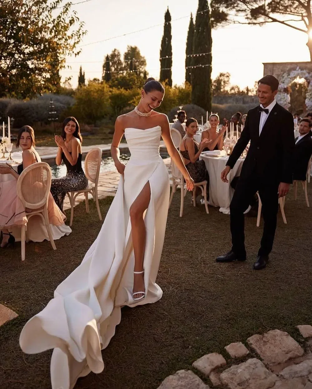 Simple Satin Wedding Dress, Elegant Slim-Fit Long Train, Side Slit Bridal Gown for Wedding Ceremony, Customizable.