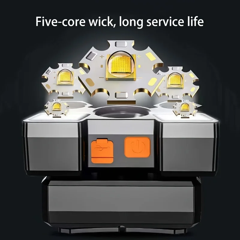 5 مصابيح LED قابلة لإعادة الشحن مع بطارية ليثيوم مدمجة، مصابيح رأس قوية للتخييم والمغامرة وصيد الأسماك وركوب الدراجات