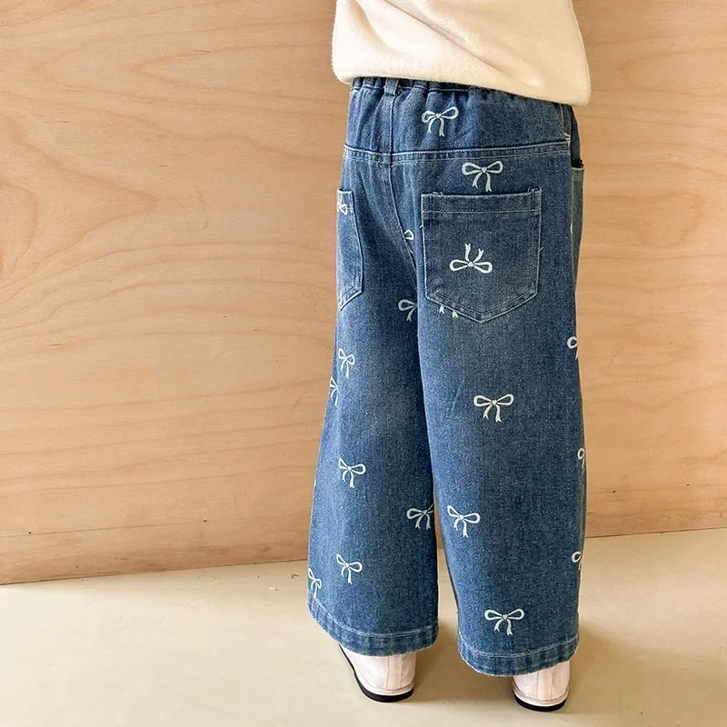 Jeans coréens à imprimé complet pour filles, pantalons à jambe droite avec nœud, vêtements pour enfants, automne, nouveau, 2024