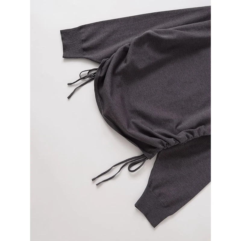 YENKYE New Women Long Sleeve O Neck Gray Knit Pullovers Adjustable Side Draping With Ties Casual Autumn Sweater