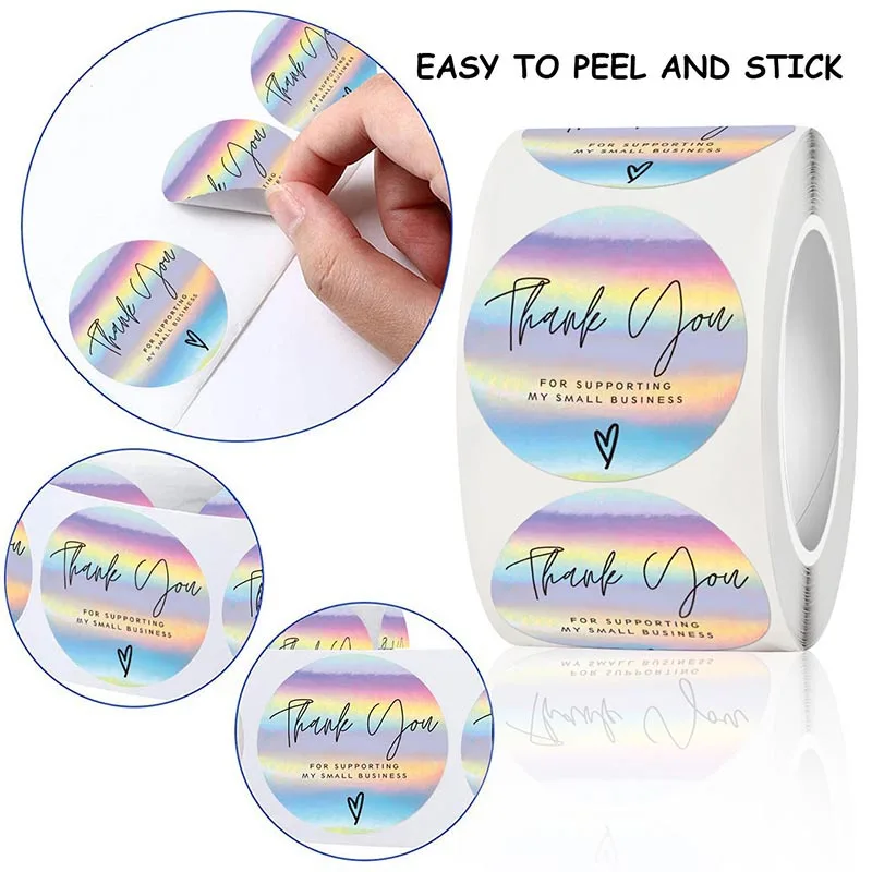 

100-500 шт./рулон Радужные лазерные наклейки «Спасибо» для малого бизнеса, наклейки, клейкие этикетки для бутиков, упаковочные материалы