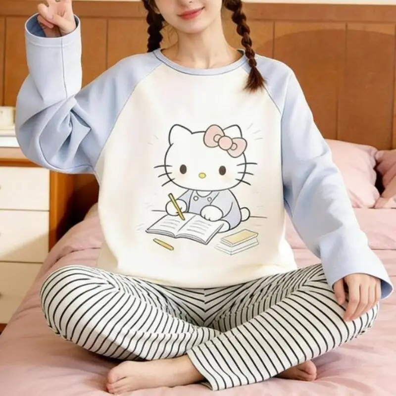 

Осенние пижамы Sanrio Hello Kitty, женские брюки, костюм с длинными рукавами в стиле Kawaii, ночная рубашка, домашняя одежда, модная роскошная одежда для сна