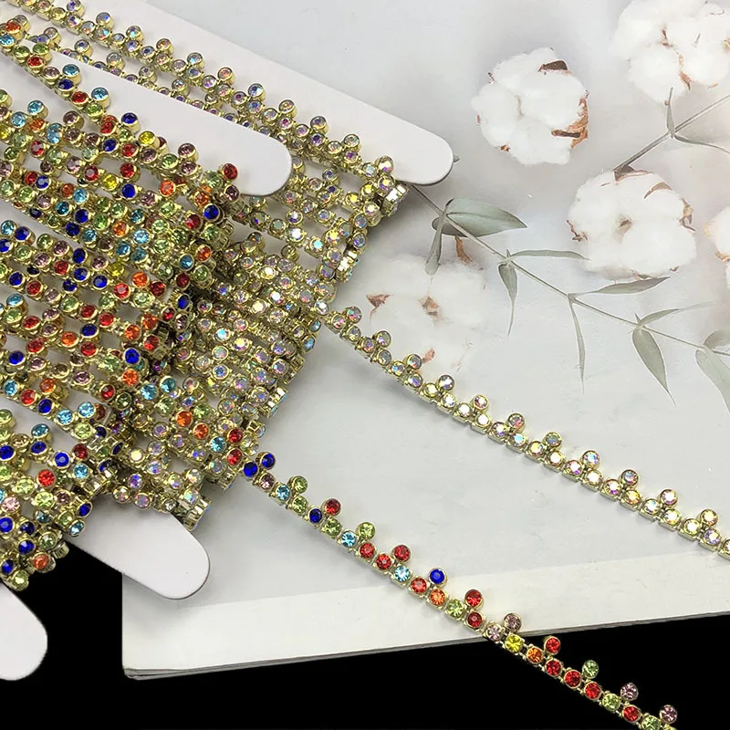 8 Yards 0.8cm Wide Shiny Colorful Rhinestone Chain Lace Trim for Stage Performance Dance Dress Decoration DIY Sewing Accessories
