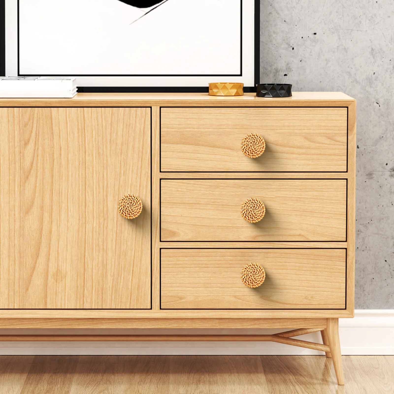 

4Pcs Woven Boho Drawer Knobs Wooden Rattan Furniture Pulls Decorative Cabinet Door Handles Boho Knobs Cabinet Handles