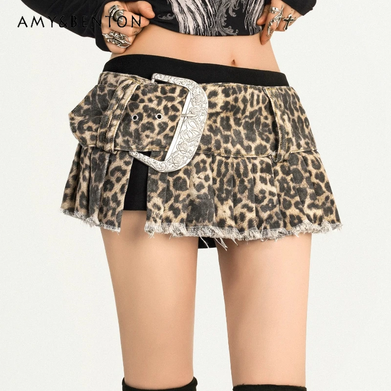 

Vintage Punk Leopard Print Denim Waist Cincher Women's Skirt New Design Hot Girl Slit Layering Low Waist Pleated Skirts Ladies