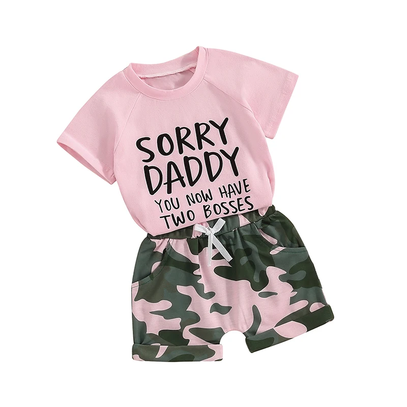 Mandizy Toddler Baby Girl Summer Clothes 2T 3T 4T 5T Kids Girl Short Sleeve Letter Print Shirt Tops Camo Shorts Set Outfit