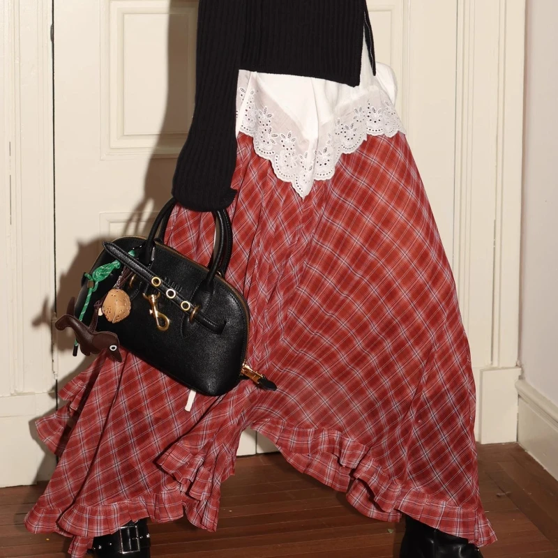 

Spring and Summer 2025 Retro Plaid with Irregular Waist and Wooden Ear A Skirt with Long Chiffon Skirt