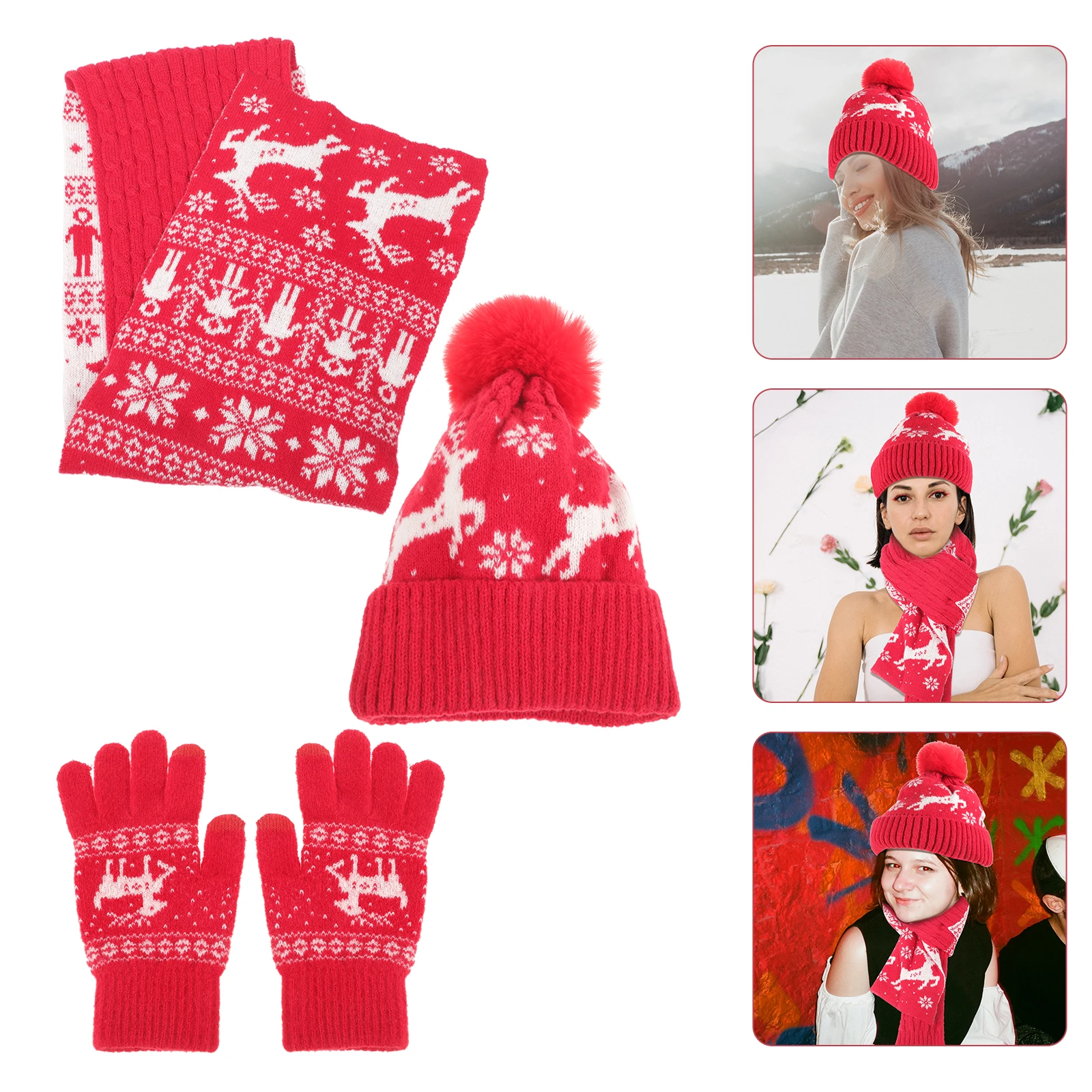 

Winter Warm Set Red Christmas Knit Hat Scarf One Piece Winter Hats Warm Mittens Riding Climbing Gloves Women