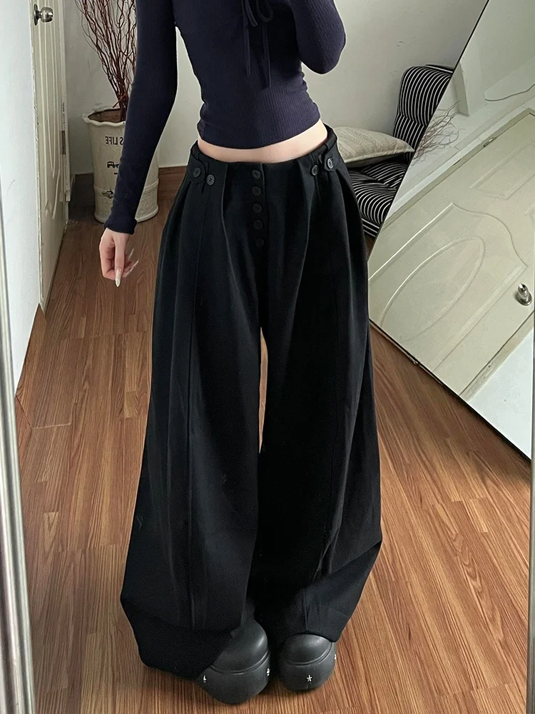 

American Retro Design Button Casual Pants Women's Loose BF Lazy Style Floor-Length Trendy Black Jeans High Waist Zipper Pure ...