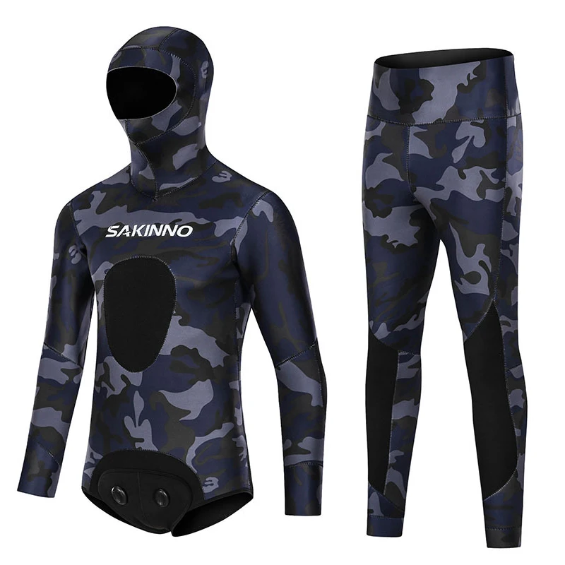 Men's Spearfishing Wetsuits,3.5MM Camouflage Two-Piece Neoprene Diving Suit Hoodie Snorkeling Suit for Freediving Snorkeling