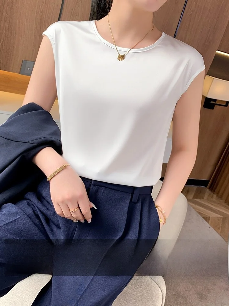 Women's Sleeveless Crop Top Tank Vest Loose Fit Thin Material Summer Fashion Casual Wear round Neck Classic Pattern YU-001
