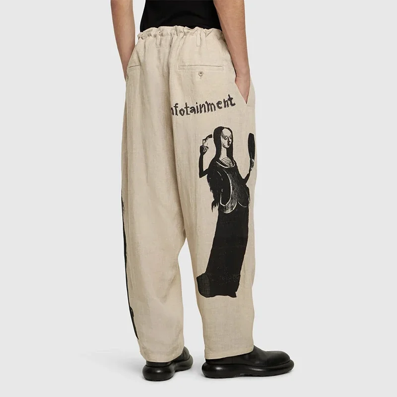 

YOJI OOAK оригинальный дизайн, льняные повседневные брюки с портретным принтом и шнуровкой, нишевые японские брюки