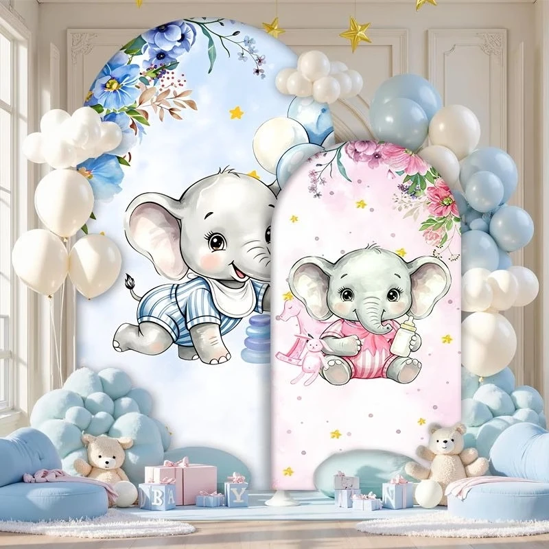 Custom 2-sided Elephant Gender Reveal Background Baby Shower Party Decoration Blue Pink Balloons Boy or Girl Arch Backdrop Cover