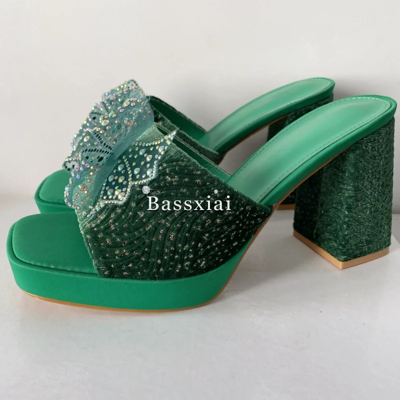 Rhinestone Butterfly-Flower Decor Women Sandals Green Color High Platform Chunky Heel Slingbacks Summer Mules view 5