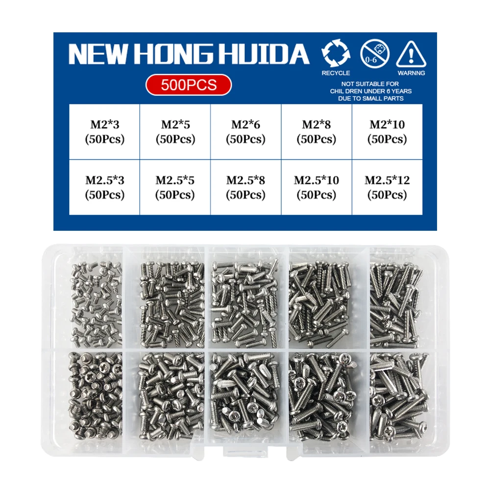 M1 M1.2 M1.4 M1.6 M2.5 M3 Small Machine Screw 304 Stainless Steel Phillips Round Head Cross Metric Bolt Box Set Assortment Kit