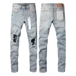 Top quality 2024ss New Purple ROCA brand jeans Fashion  light blue knee holes, slim fit, fashion repair 28-40 size pants