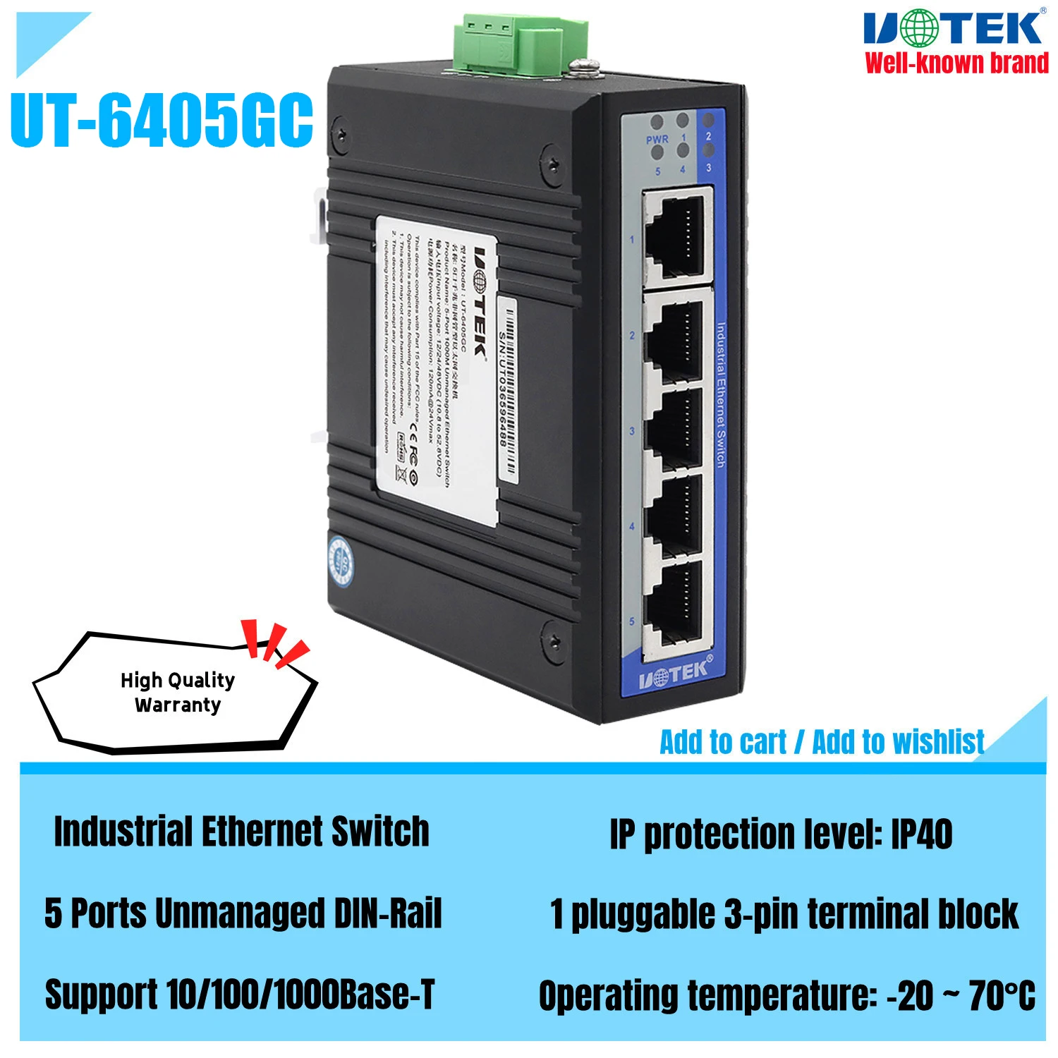 

UOTEK 1000M 5 Ports RJ45 Network Gigabit Unmanaged Industrial Ethernet Switch DIN-Rail IP40 Full Half Duplex UT-6405GC