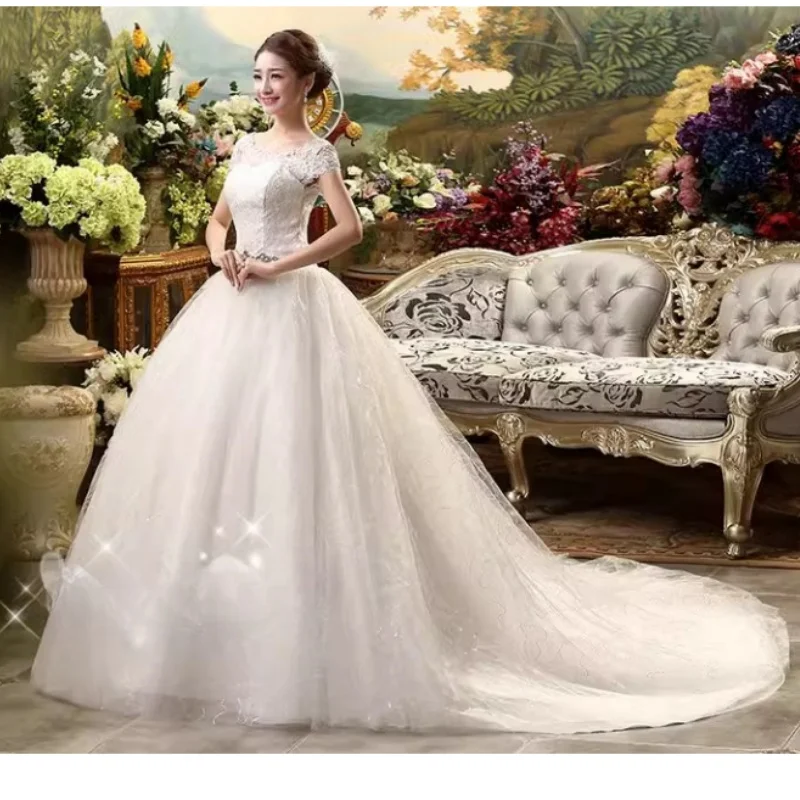 It's Yiiya Wedding Dresses White Cheap O-neck Short Sleeves Crystal Lace up Princess Floor-length Plus size Trailing Bride Gowns