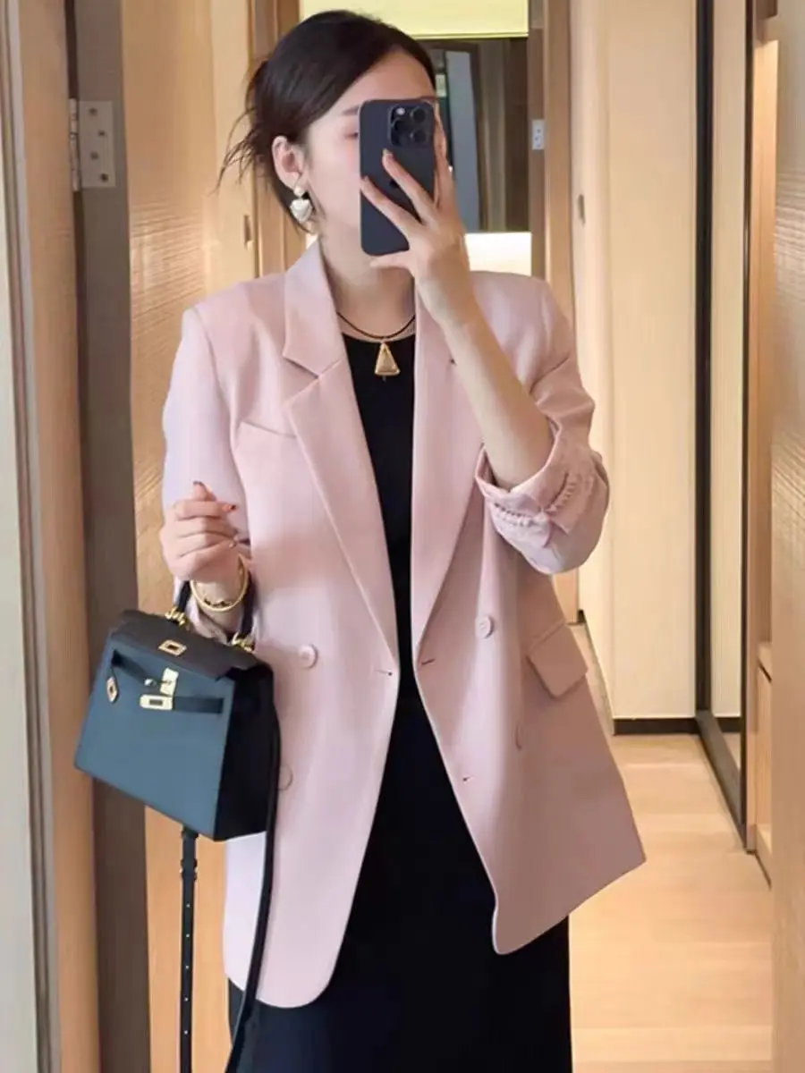 

Women'S Blazer Coat Overcoat Female Attire Light Waist-Closed Double-Layer Loose-Fit Western-Style Gold Premium Three-Button