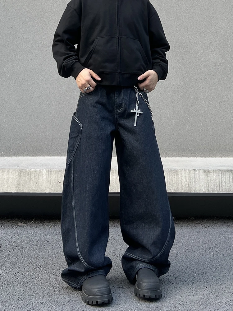 

Black Men's Loose Wide Leg Jeans American Retro Design Big Pocket Knife Jeans High Street Style Youth Fashion Cotton Blend