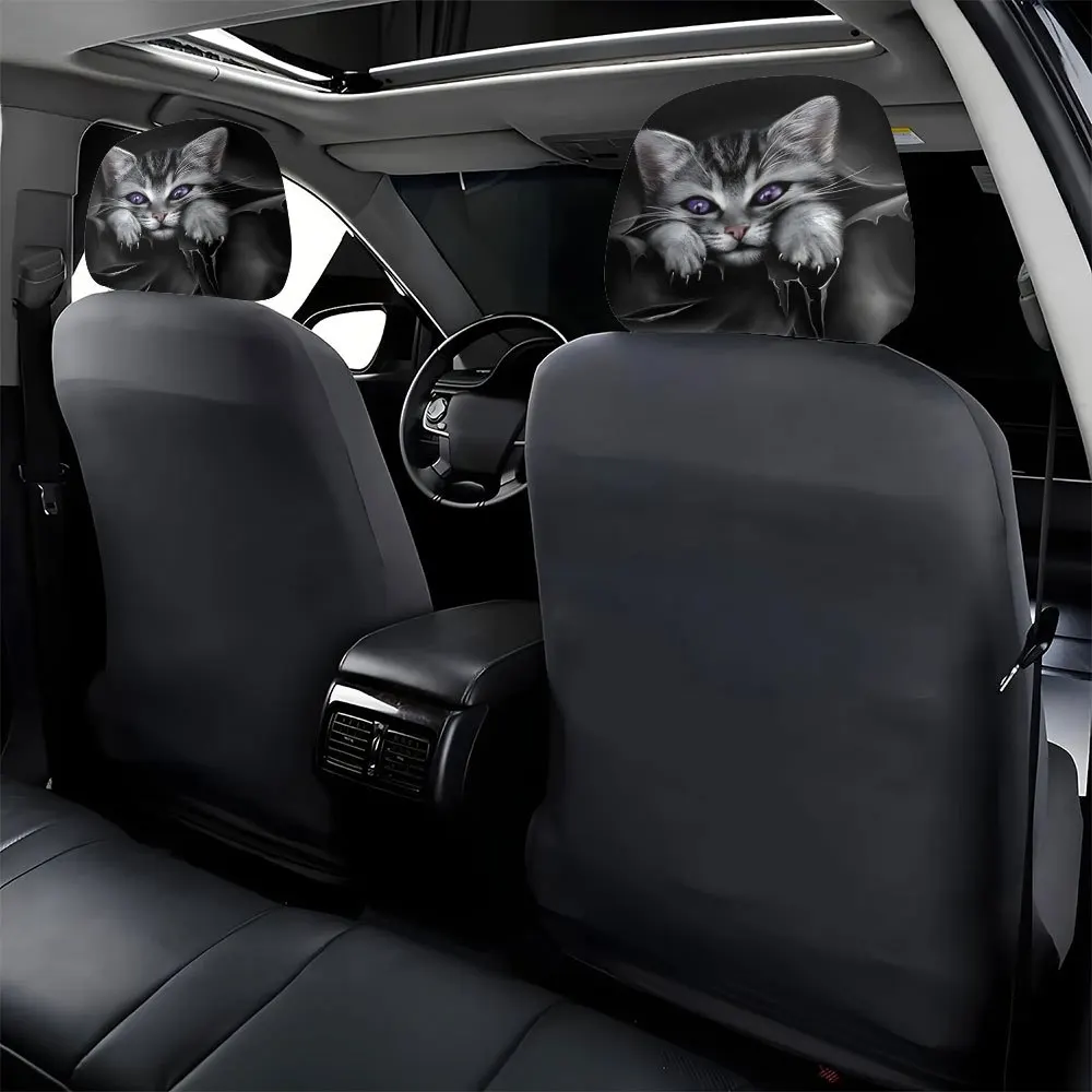 【Cute Cat Purple Eye】Cartoon Cat Print Car Headrest Cover, Easy To Install & Remove, Car Seat Protector Headrest Cover