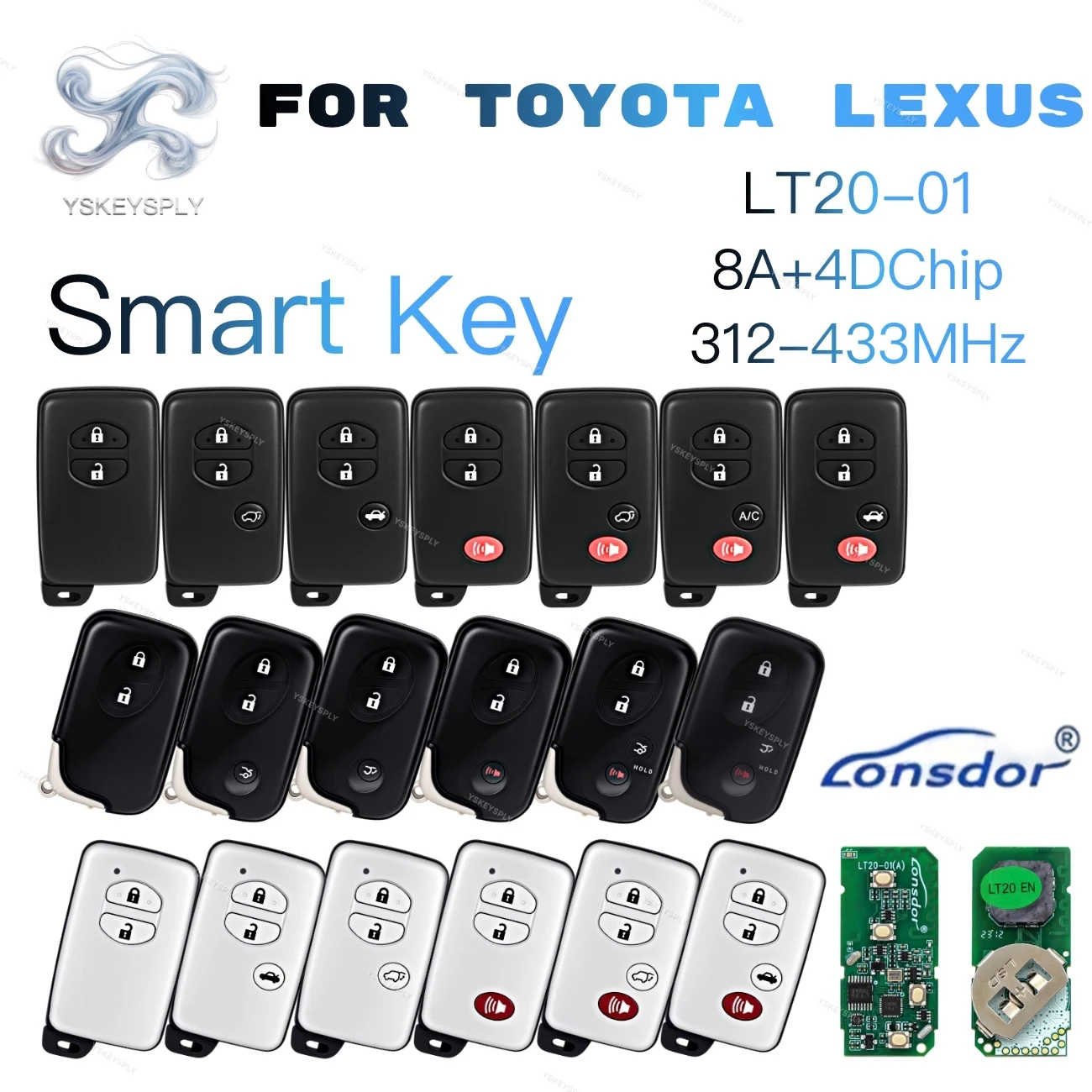 

For Toyota Lexus Lonsdor LT20-01 Smart Key Fob Universal PCB 8A+4D Chip 312MHz–434MHz Works with K518 KH100+ KW100 BSKG