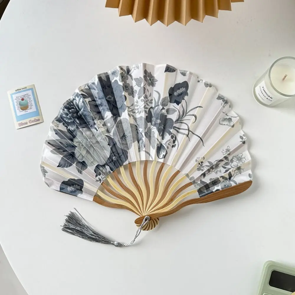 New Chinese Style Hand Fold Fan Woman Men Portable Silk Flower Folding Fan Dance Props Bamboo Wood Retro Shell Fan