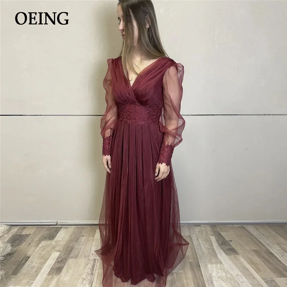 OEING Wine Red V Neck Tulle Prom Dresses Sexy Puff Sleeves Evening Gowns Floor Length Formal Occasion Dress Vestidos De Noche