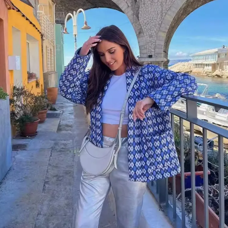 Autumn Winter Casual Cardigans Coat Y2K Vintage Loose Fit Padded Jacket Aesthetic Printed Open Front Quilted Long Sleeve Jackets