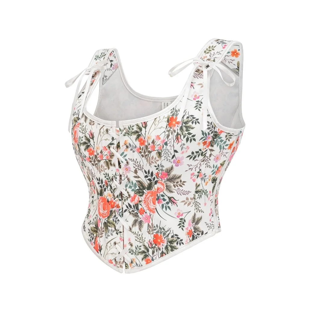 White Flowers Printed Boned Gothic Lace Up Vest Woman Medieval Vintage Corset Tank Top Steampunk Overbust Bustier With Straps