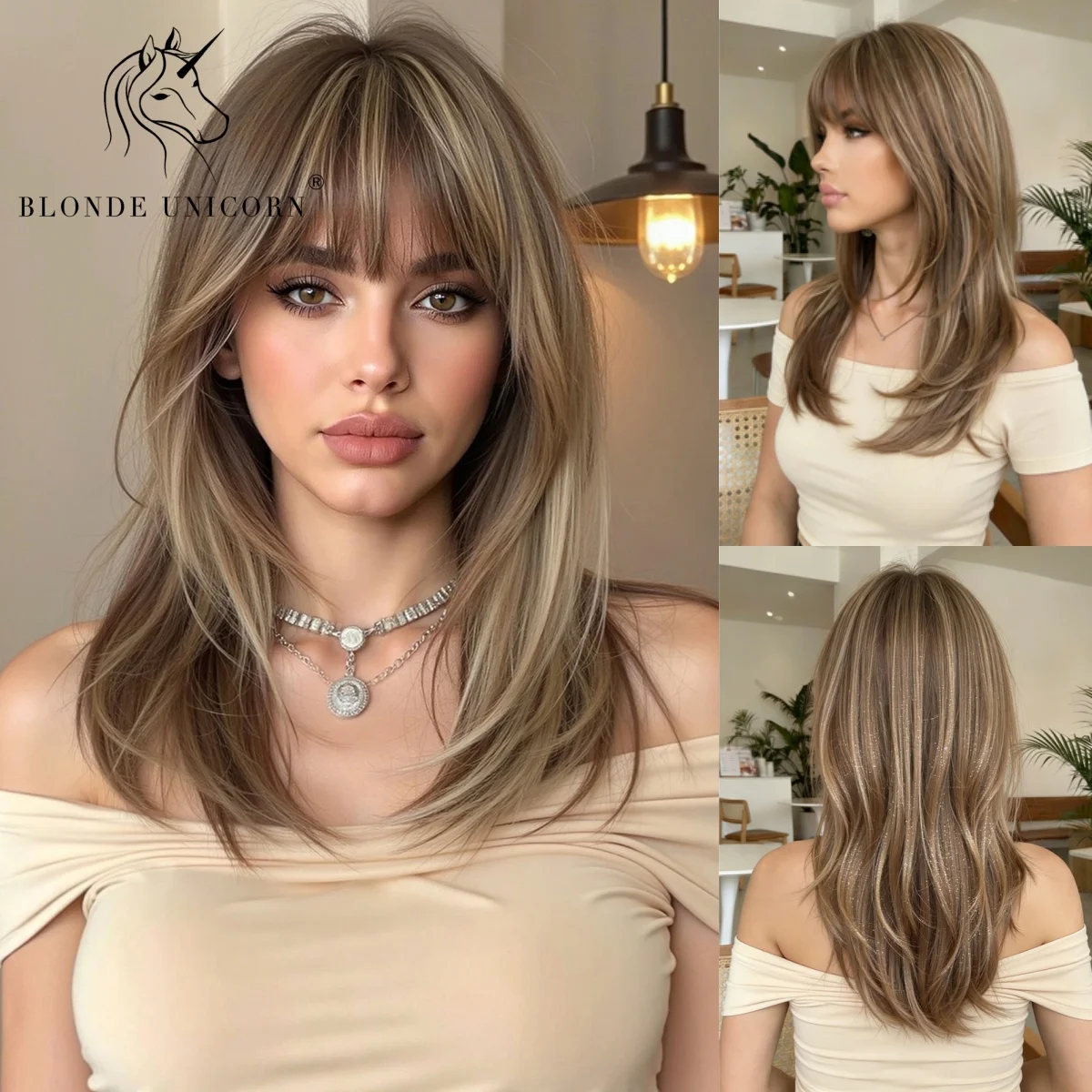Long Layered Light Brown with Blonde Highlights Synthetic Wig with Bang Heat Resistant Fiber Natural Looking Wig for Women Daily