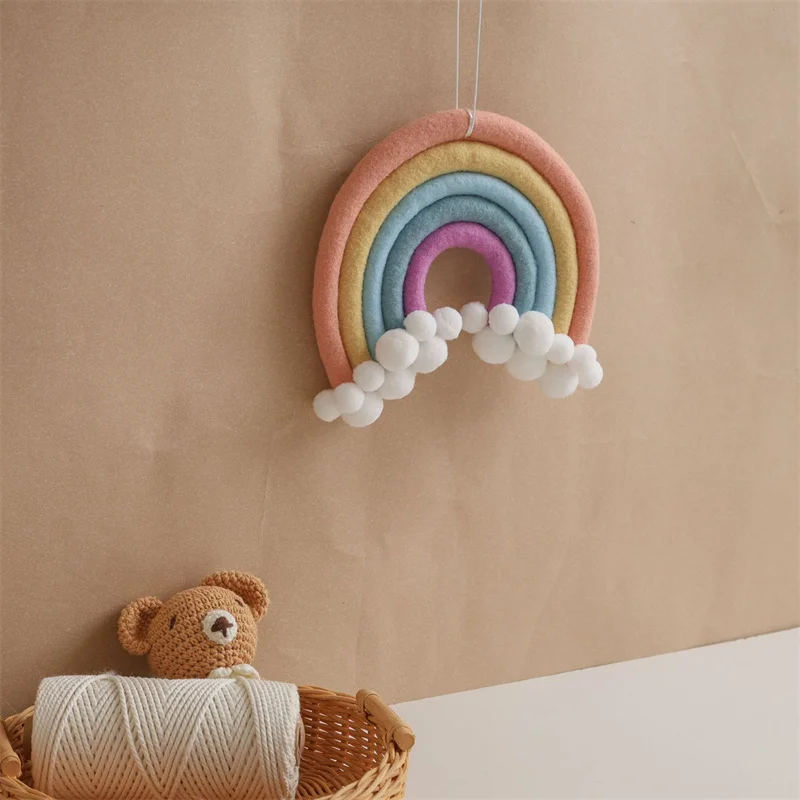 Nordic Felt Woven Rainbow Hair Balls Garland String Wall Hanging Pendant Baby Tent Kids Room Ornaments Nursery Decor Photo Props