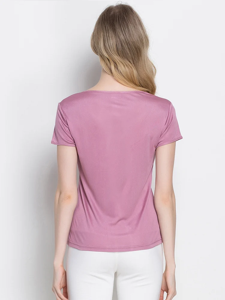 SuyaDream Woman Silk T shirt Knitted Real Silk Short Sleeved O neck Solid Basic Tee Simple Summer Top Black White