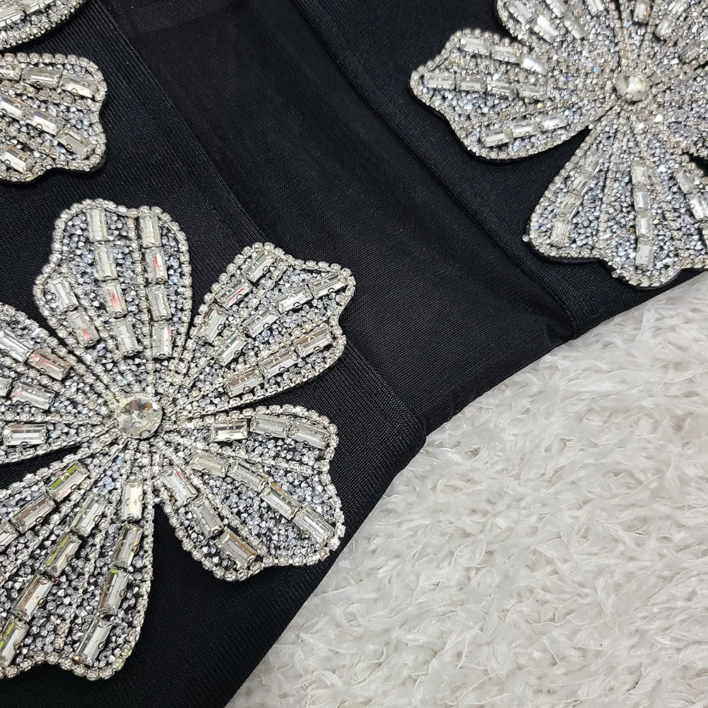 Sukienka damska seksowna, błyszcząca, z kwiatowym wzorem, zdobiona cyrkoniami, z jednym ramieniem, z siateczkowymi wycięciami, długa, czarna, bandażowa, typu syrena, luksusowa suknia wieczorowa na przyjęcie.