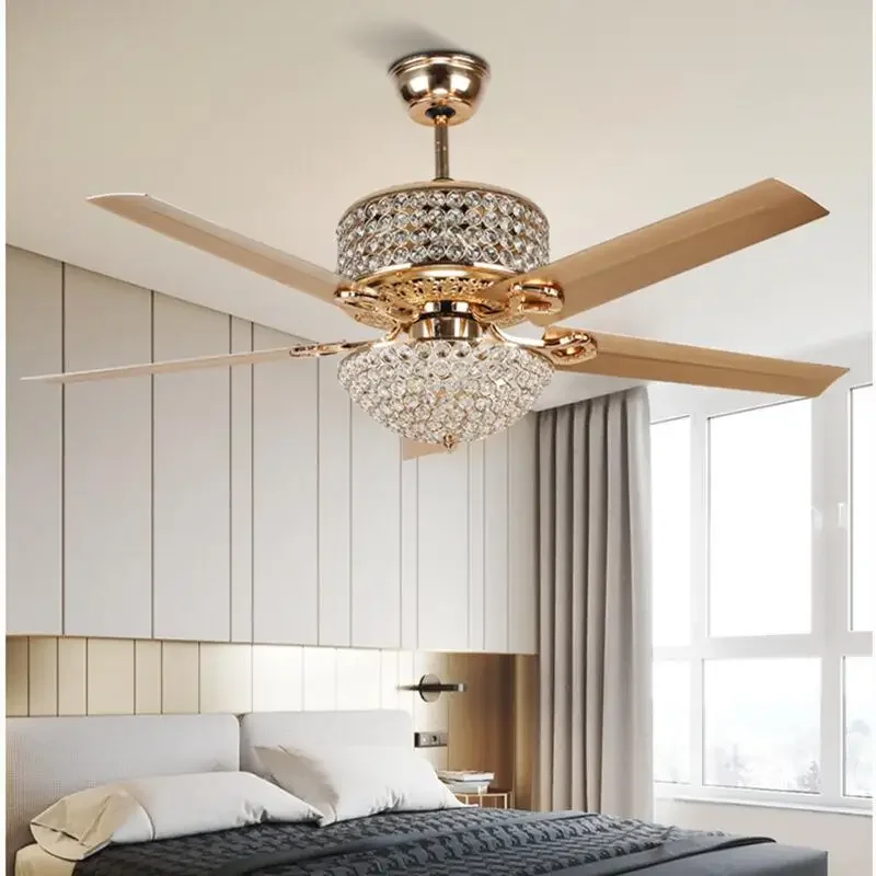 New American Restaurant Ceiling Fan Lamp, Rural Retro European Style Iron Leaf Living Room Fan Lamp, Crystal Led Luxury GoldFans