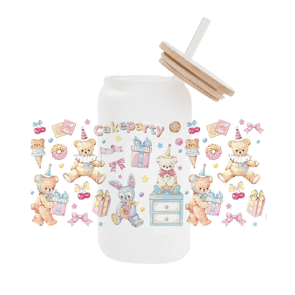 Lolita Cute Rabbit Teddy bear DIY For Libbey 16oz Can Glass 3D Waterproof UV DTF Coffee Can Wrap Libbey Glass Wrap