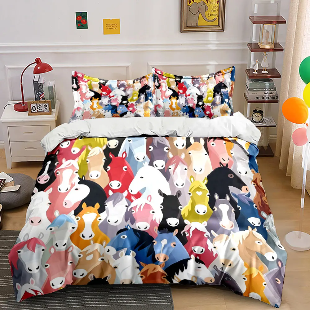 Colorful horse illustration Printed Duvet Cover Set 1 Duvet Cover+2 Pillowcase Multi Size Bedroom Bedding Decor Luxury Gift