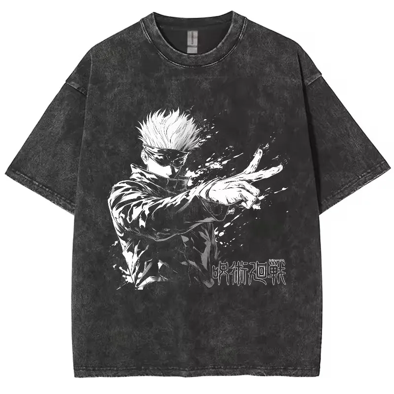 Vintage Washed Jujutsu Kaisen Gojo Satoru Cursed Technique Graphic Tee Unisex Oversized Anime Streetwear Short Sleeve T‑Shirt