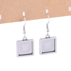 10pcs Stainless Steel Earring Hooks Findings Fit 10mm 12mm 15mm Square Cabochon Earring Base Setting Blanks Diy Jewelry Bezels