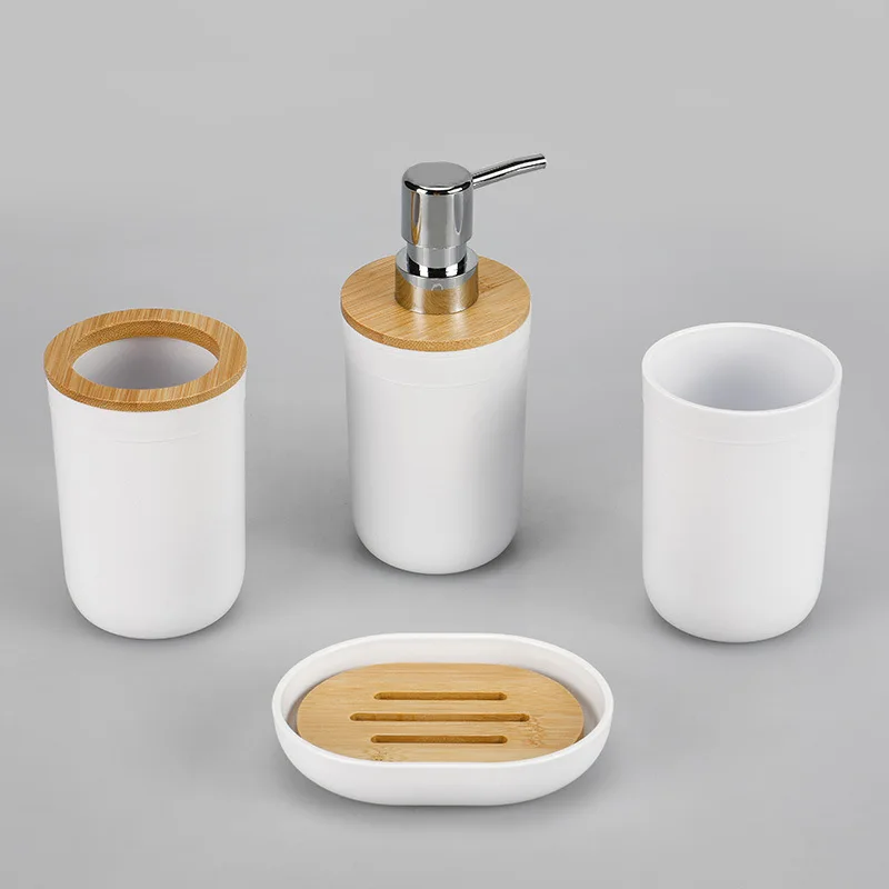 Bamboo Lid Bathroom 4 Piece Set, Bathroom Toothbrush Cup, Push Bottle, Layered Soap Box, Categorized Storage