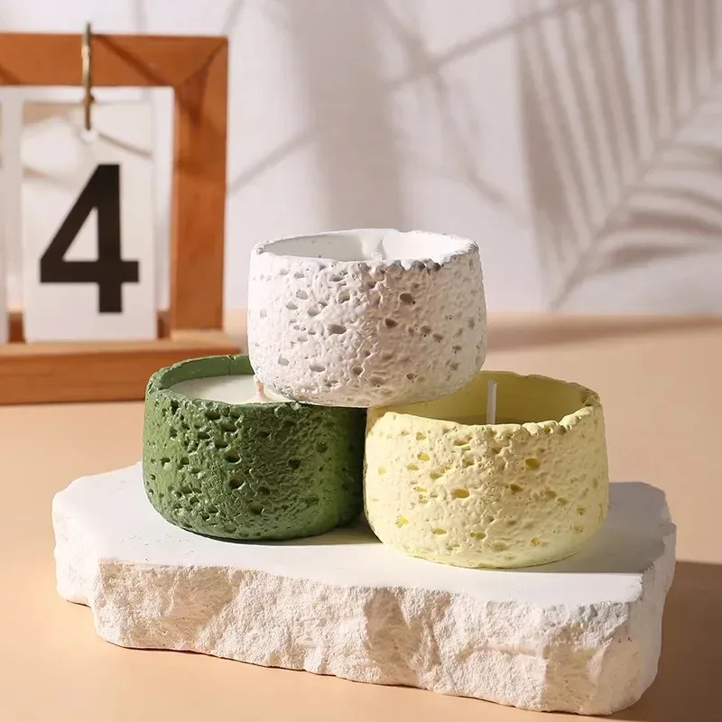 2PC Mini Round Storage Box Candle Cup Silicone Mold Rock Pattern Plaster Craft Mould for Home Decoration