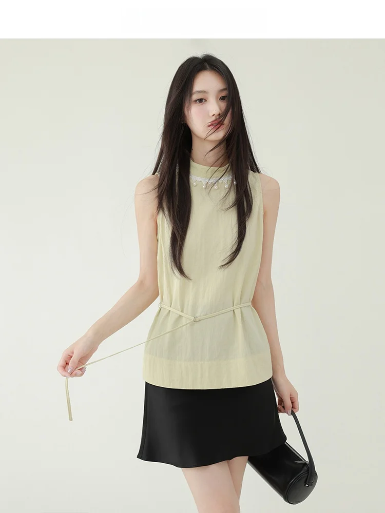 

CHACHASTU Color High Collar Sleeveless Shirt Women Summer Slimming Drawstring round Neck Top French Style Loose Fit