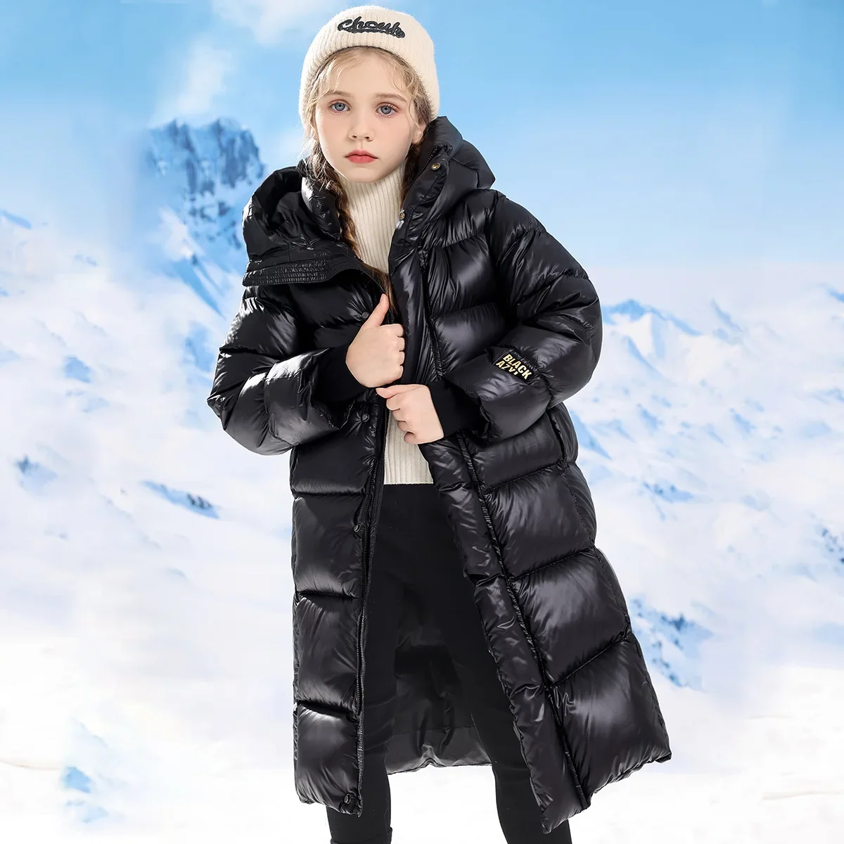 Chaqueta de plumón gruesa para niños y niñas, abrigo largo sobre la rodilla, ropa de moda, negro y dorado, invierno, nuevo