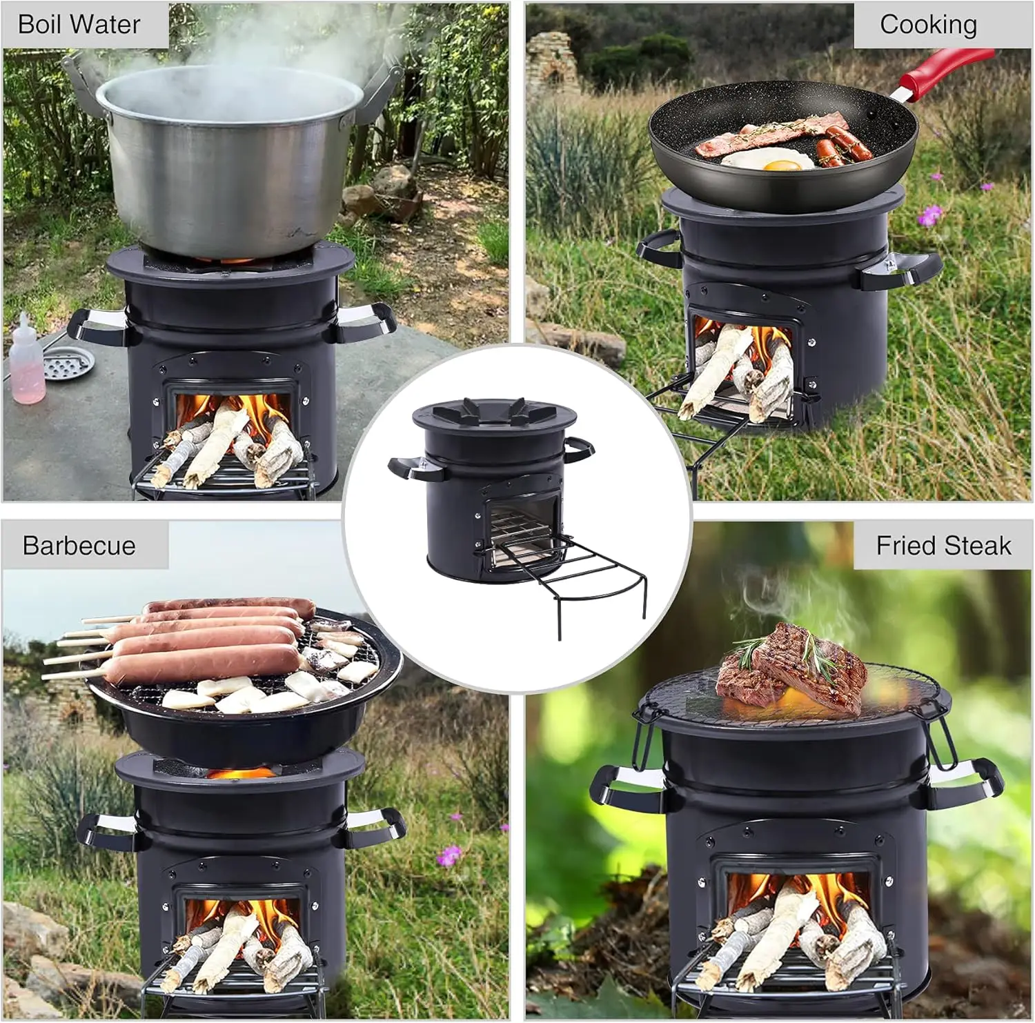 Wood Burning Camp Stove, Portable Cast Iron Camping Wood Stove, Black Woodstove with Carrying Case for Backpacking Outdoor