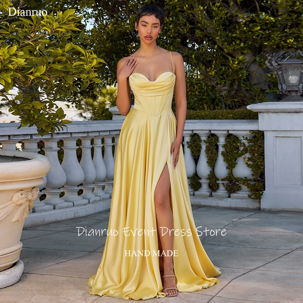 

Dianruo Side Slit Sweetheart Evening Dress Elegant Satin Vestidos De Fiesta Pleat Spaghetti Strap Wedding Party Dress Customized