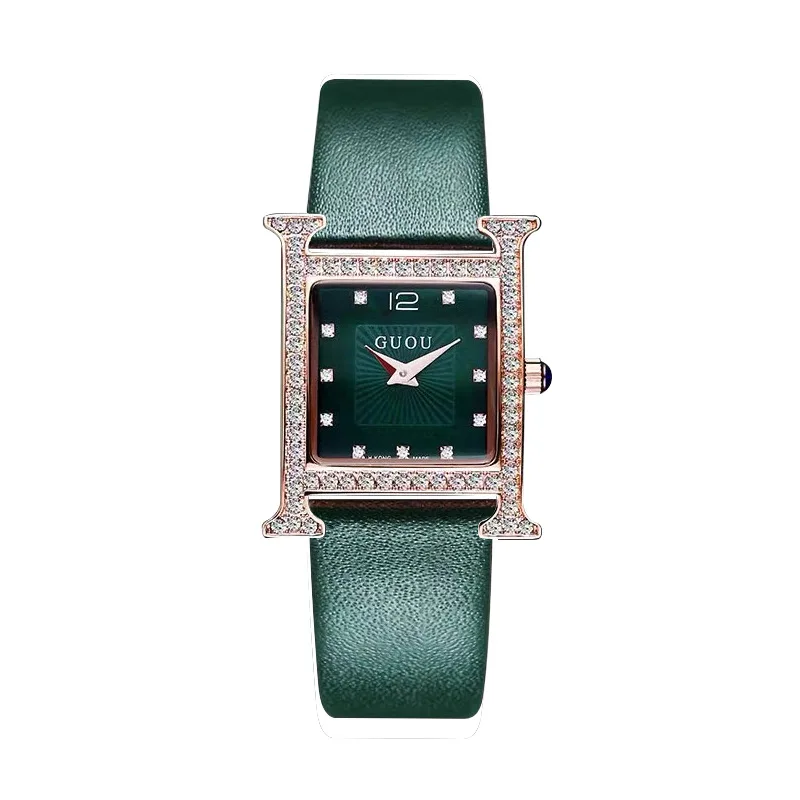 

Fashion Guou Higth Quality Luxury Women's Genuine Leather Ladies Watch Rhinestone Square Watch Girls Female Quartz Wristwatches