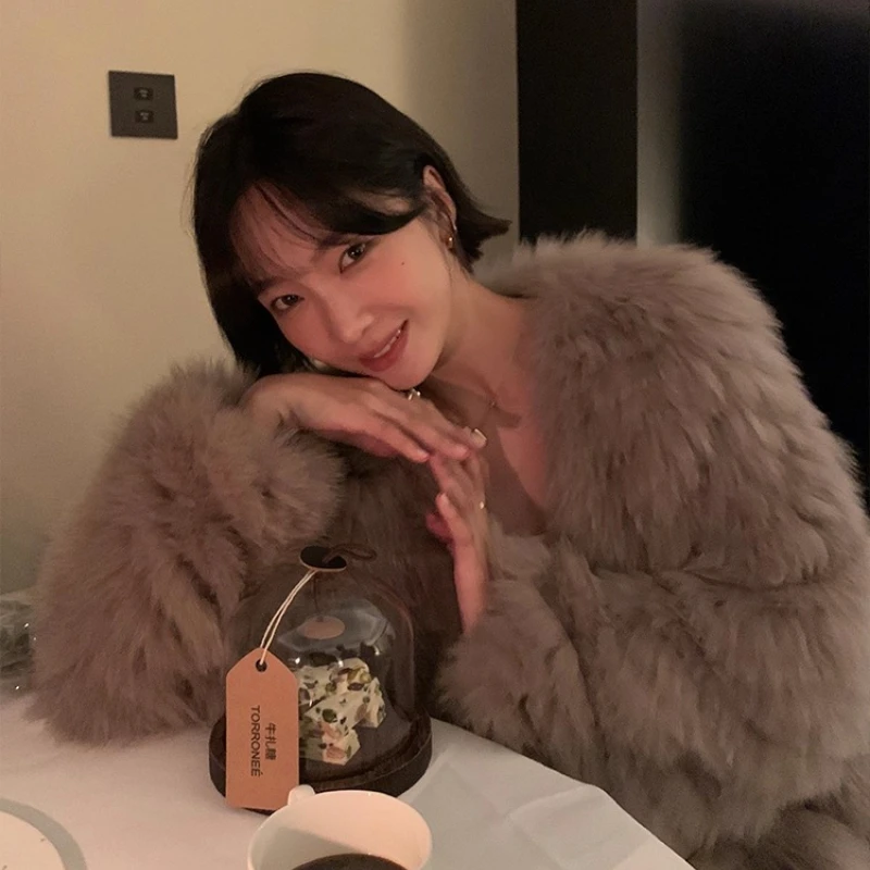 YOLANFAIRY 천연 여우털 코트 여성 겨울 따뜻함 V넥 긴팔 우아한 한국 스타일 천연 여우털 자켓 여성 2025