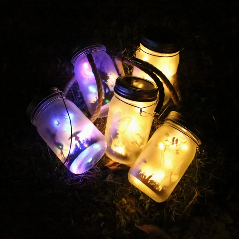 Solar Mason Jar Fairy String Lights IP65 Hanging Tabletop Lantern with Pattern Card for Garden Patio Lawn Yard Porch Outdoor Dec